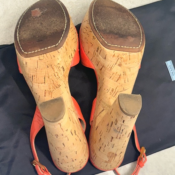 PRADA Pink Orange Patent Peep Toe Cork Wedge Pump Shoe 39.5 - Picture 7 of 10